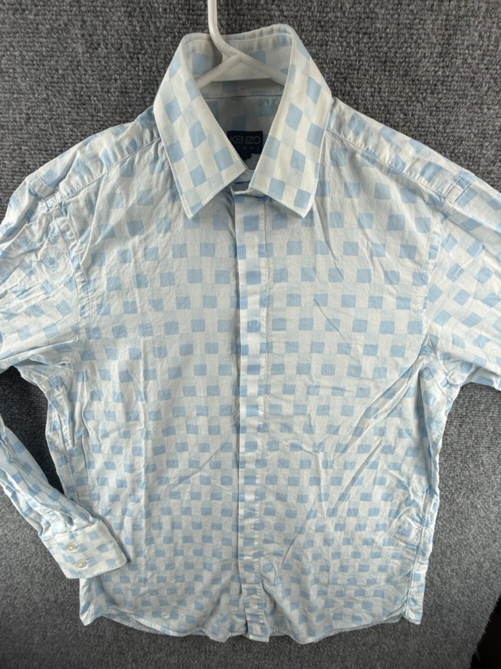 Kenzo Geometric 15.5 Homme Cotton Blue Mens Button Up Long Sleeve Shirt Spread